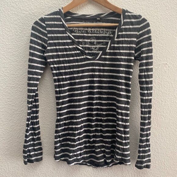 True Religion Striped Long Sleeve Shirt Top Gray Color V-Neck Small - Picture 1 of 3